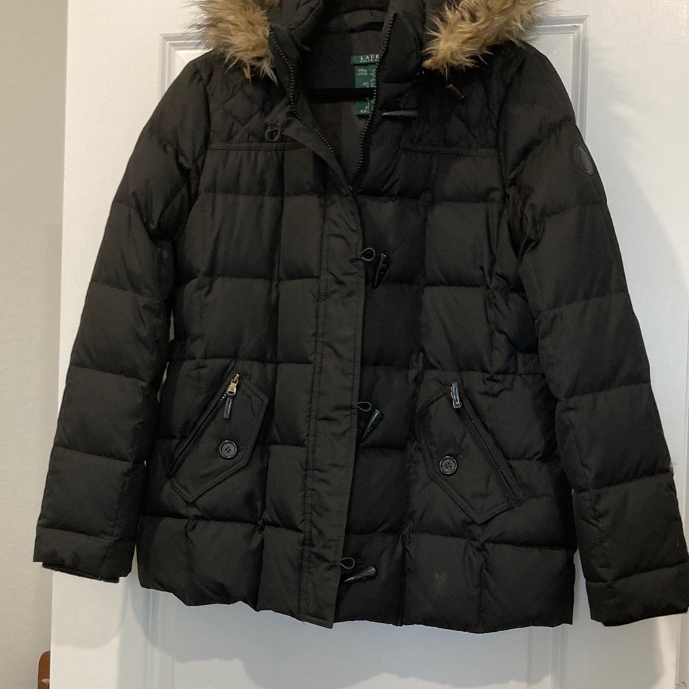 Women's Black Puffer Jacket with Faux Fur Hood